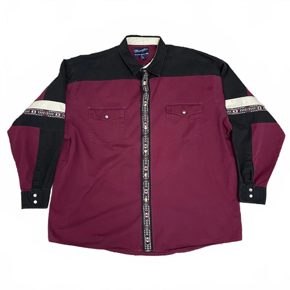 Wrangler Burgundy and Black Casual Button Down Shirt